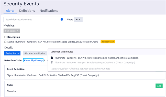 Active detection chain pop up viewed for a security event.