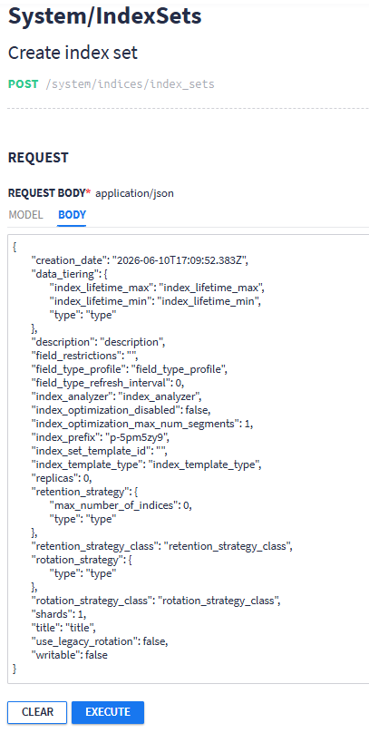 View the JSON schema in the Body tab within the Graylog API browser.