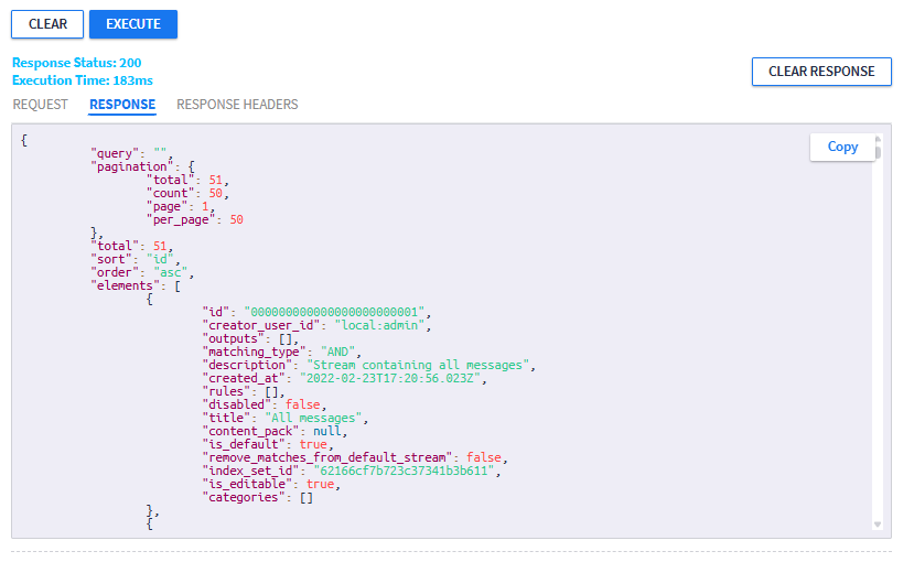 REST API response for GET /streams/paginated method show JSON-formatted stream information.