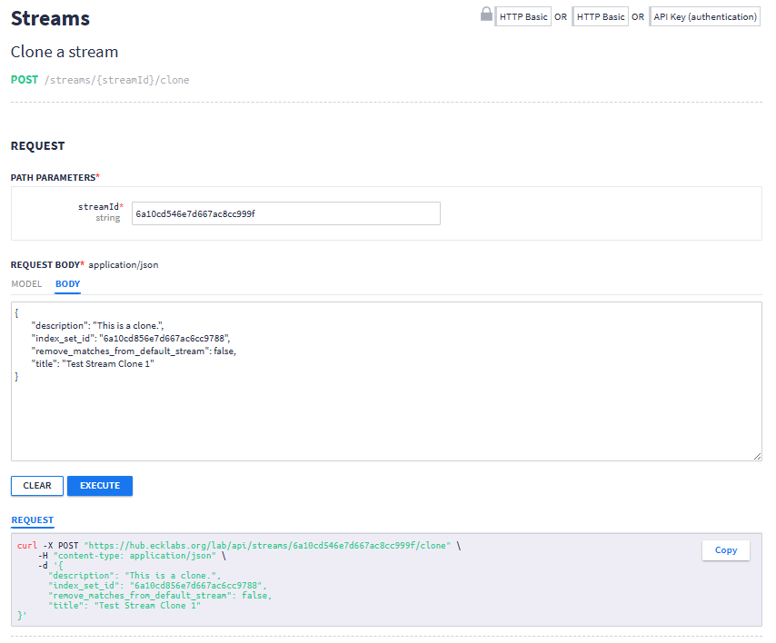 Enter details in the Graylog API broswer to clone a stream.