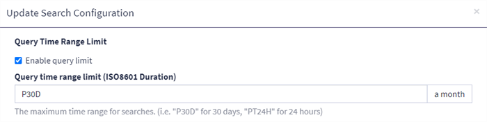 The Query Time Range Limit section of the Search Configuration screen