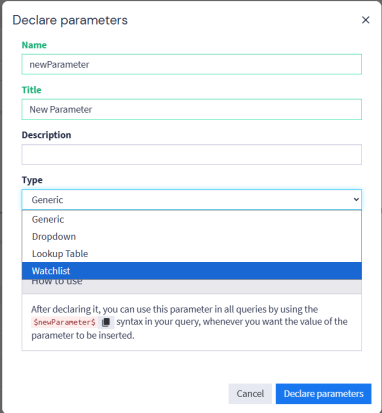 Adding a query parameter with the Watchlist type selected