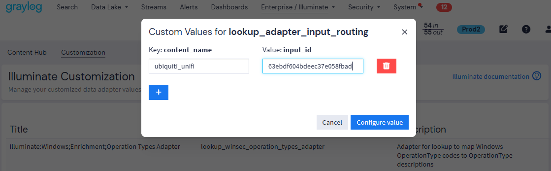 Dialog box to set custom values for input routing lookup adapter