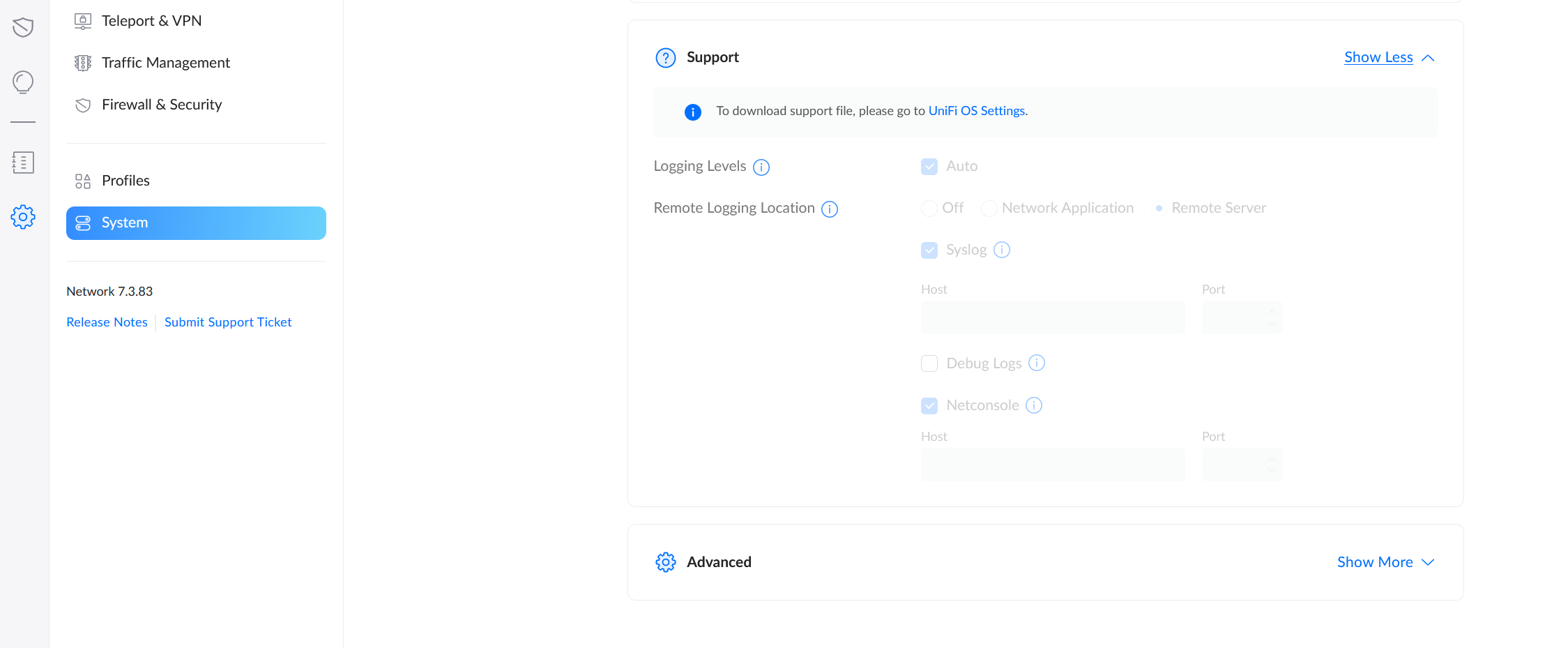 Configuring connection details on the Unify Network System platform.